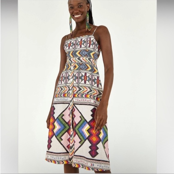 Farm Rio Amulet Linen Blend Aztec Ikat Beaded Tie Back Midi Dress - Picture 1 of 14